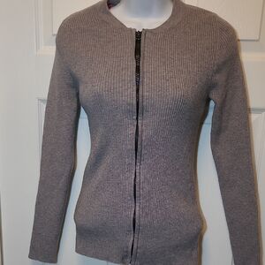 Women's Zip-Up Gray Ribbed Sweater